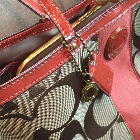 COACH handbag tan, brown canvas with tangerine leather accents - Picture 3 of 4